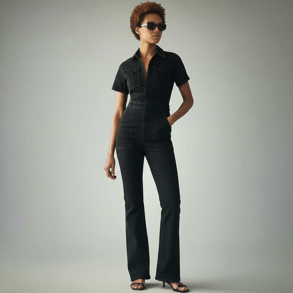 Good American Fit For Success Bootcut Jumpsuit Medium Black Utility Retro Boho